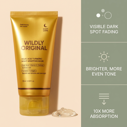 Gold tube of Wildly Original night wrapping mask on a beige background with text highlighting benefits.