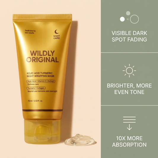 Gold tube of Wildly Original night wrapping mask on a beige background with text highlighting benefits.